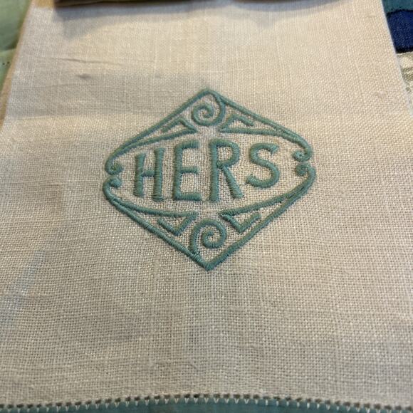 Vintage Linen Towels His Hers Embroidered Fingertip Floral Kitchen Turquoise - Picture 2 of 15